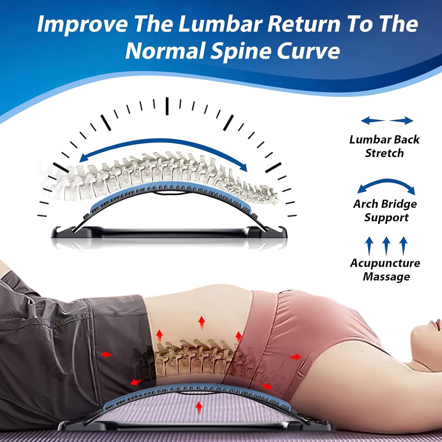 Back Stretcher for Lower Back Pain Relief | 3-Level Adjustable Lumbar Back Cracker Board | Spine Decompression Device, Scoliosis Treatment, Posture Corrector, and Back Massager Dark Blue