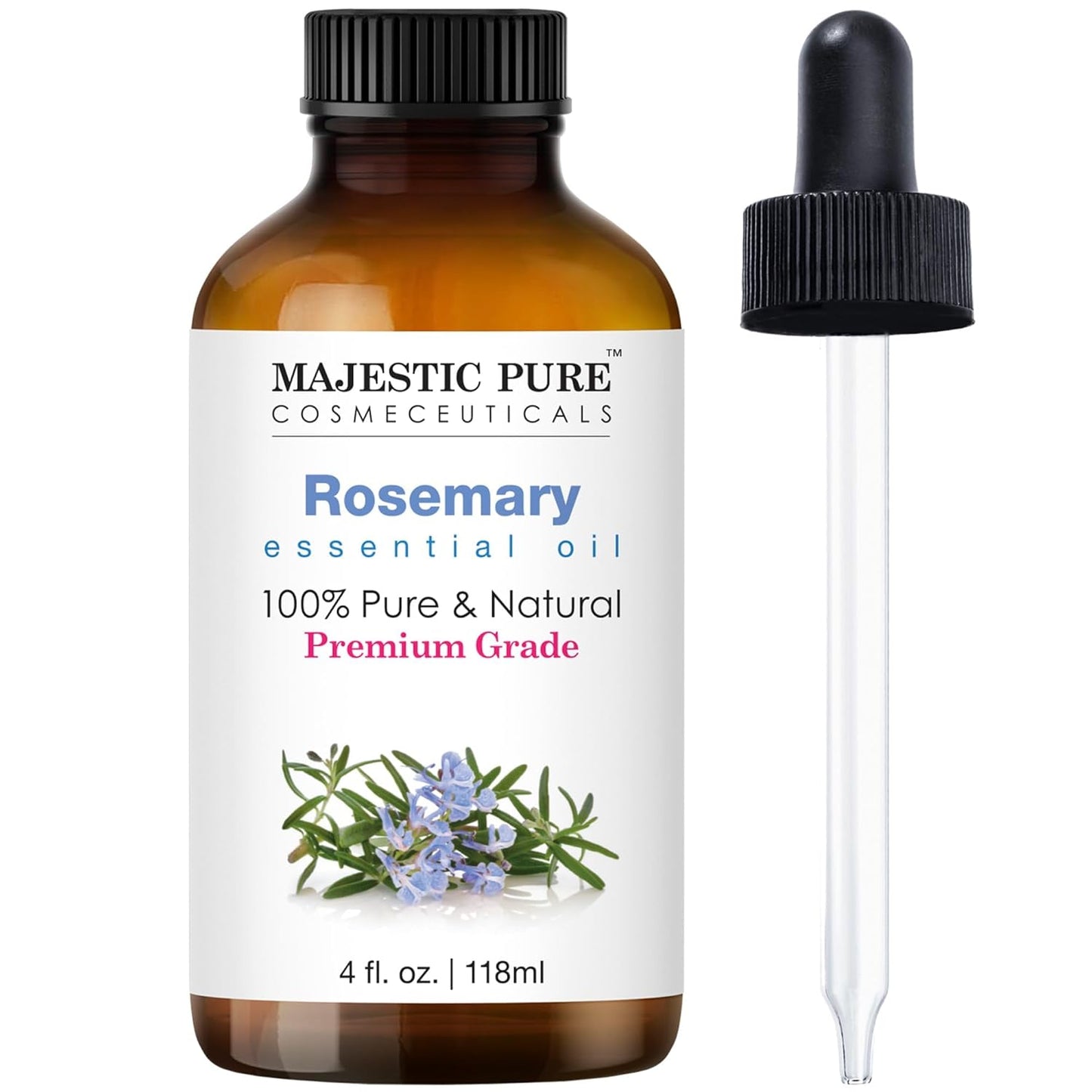 Majestic Pure Rosemary Essential Oil with Glass Dropper | 100% Pure & Natural Rosemary Oil | Premium Essential Oil for Diffusers, Skin, Hair Care, Aromatherapy & Massage | 4 Fl Oz