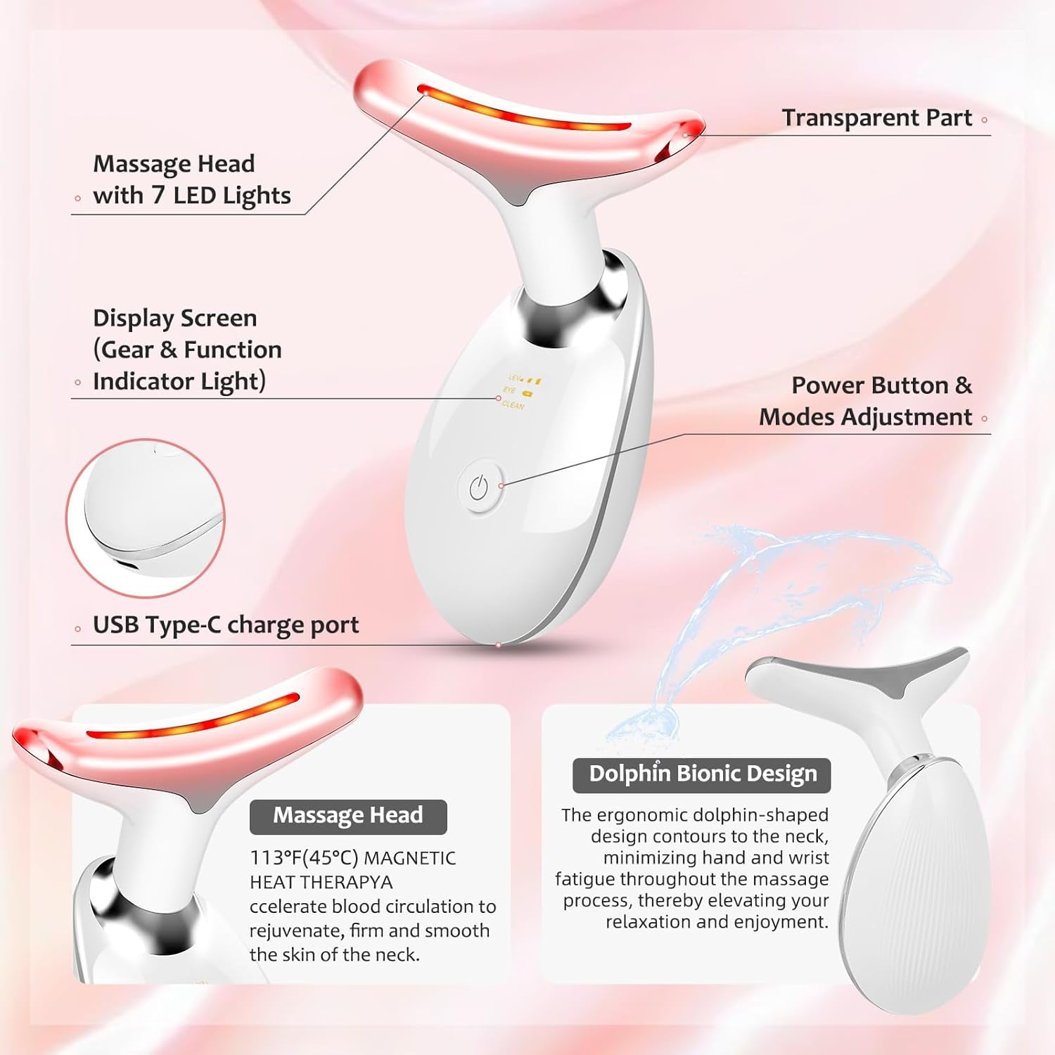 7-Color LED Facial and Neck Massager – Multifunctional Skin Care Tool for Daily Face & Neck Therapy (White)