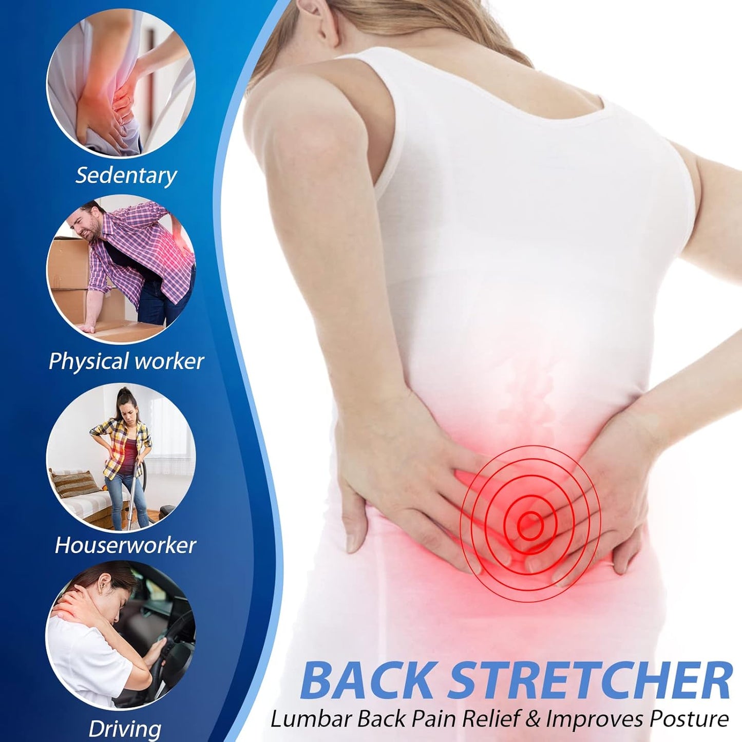 Back Stretcher for Lower Back Pain Relief | 3-Level Adjustable Lumbar Back Cracker Board | Spine Decompression Device, Scoliosis Treatment, Posture Corrector, and Back Massager Dark Blue