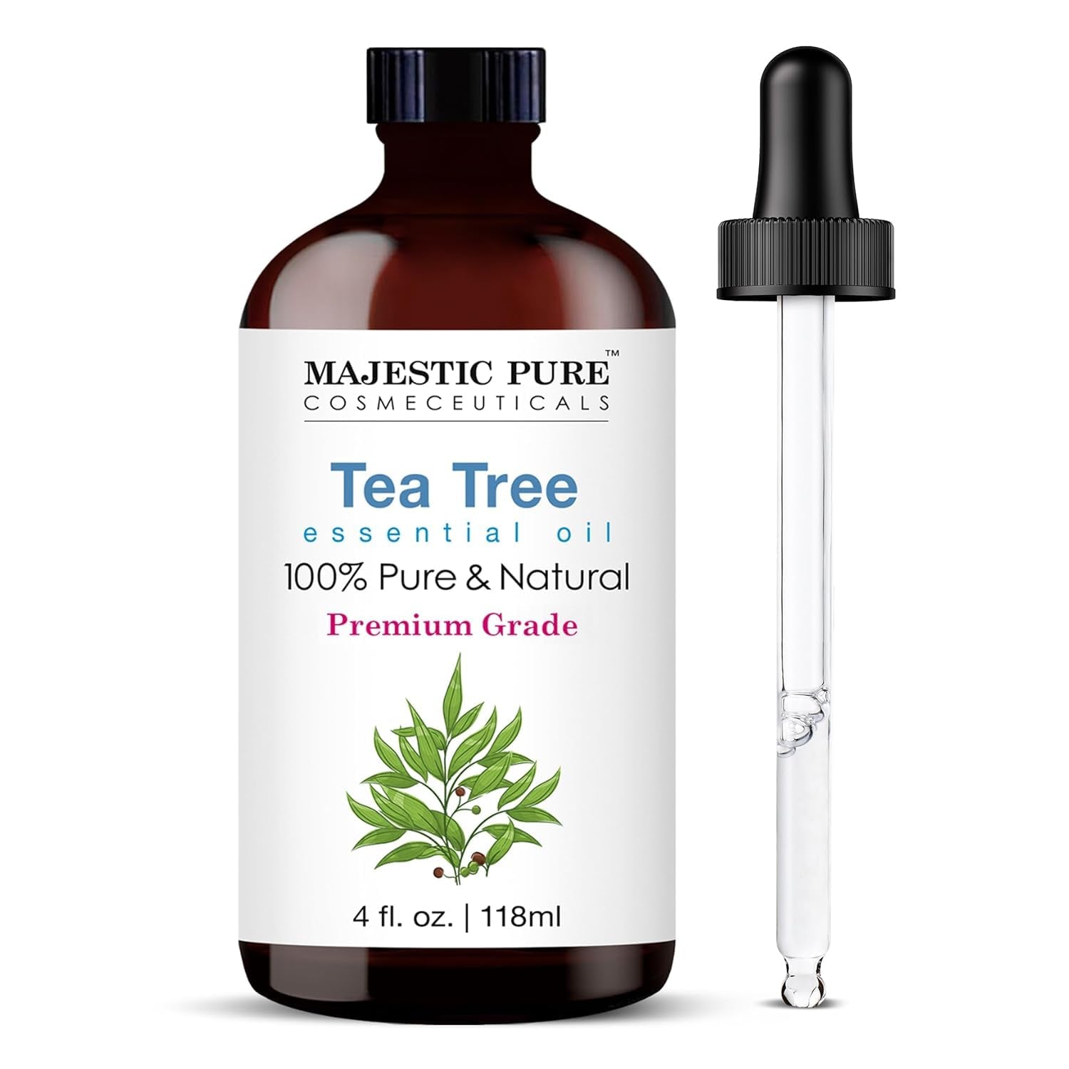 MAJESTIC PURE Tea Tree Essential Oil - 100% Pure & Natural Therapeutic Grade Tea Tree Oil with Glass Dropper for Skin, Aromatherapy, Diffusers, Massage, and Hair Care | 4 Fl Oz