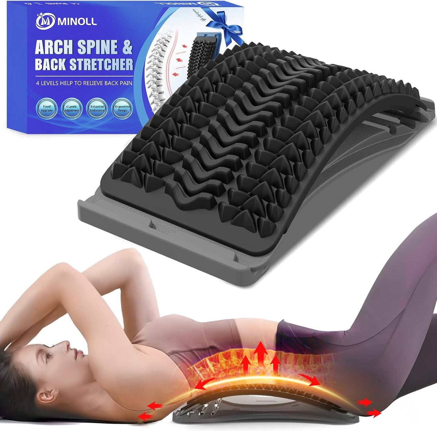 Back Stretcher for Lower Back Pain Relief | 3-Level Adjustable Lumbar Back Cracker Board | Spine Decompression Device, Scoliosis Treatment, Posture Corrector, and Back Massager - Grey