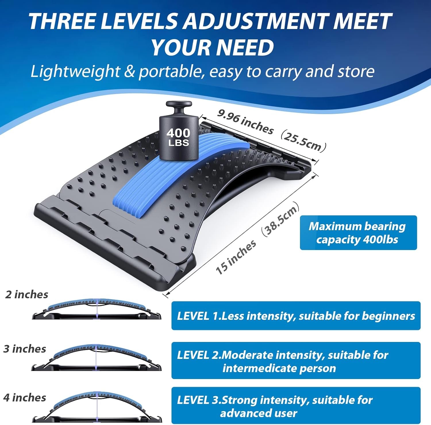 Back Stretcher for Lower Back Pain Relief | 3-Level Adjustable Lumbar Back Cracker Board | Spine Decompression Device, Scoliosis Treatment, Posture Corrector, and Back Massager