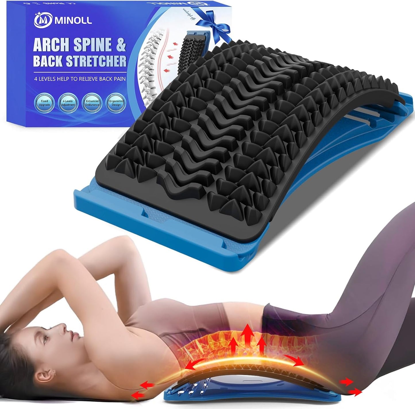 Back Stretcher for Lower Back Pain Relief | 3-Level Adjustable Lumbar Back Cracker Board | Spine Decompression Device, Scoliosis Treatment, Posture Corrector, and Back Massager- Blue