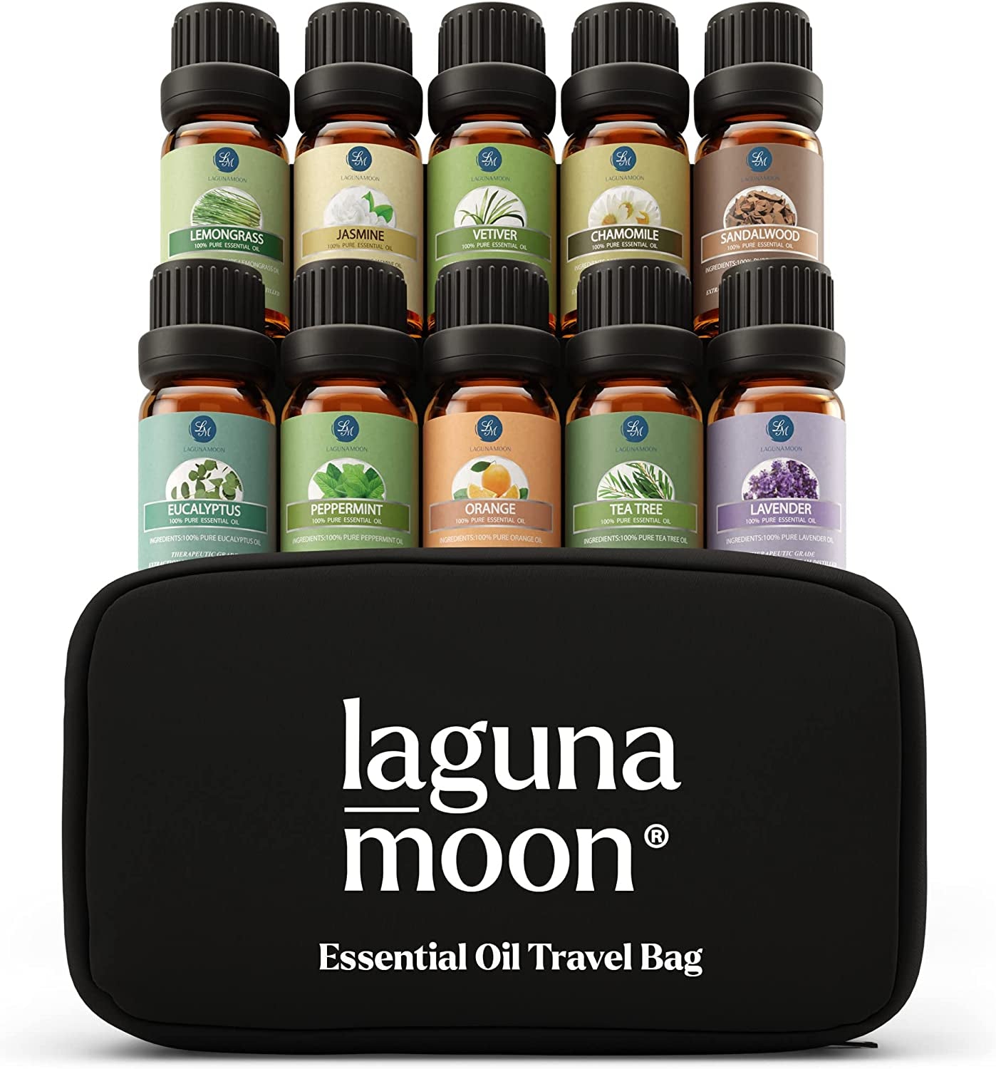 Essential Oils Set - 10Pc Aromatherapy Oil Kit with Portable Bag for Diffusers, Humidifiers, Yoga, Massages, Candle Making & Soaps | Peppermint, Tea Tree, Lavender, Eucalyptus, Lemongrass (10mL)