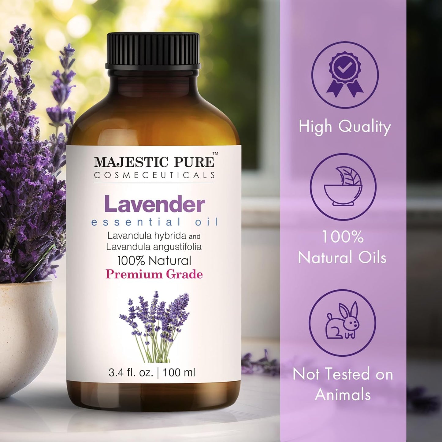 Majestic Pure Lavender Essential Oil with Glass Dropper | 100% Pure and Natural Lavender Oil | Premium Grade Essential Oils for Diffusers, Skin, Hair, Aromatherapy, and Massage | 4 Fl Oz