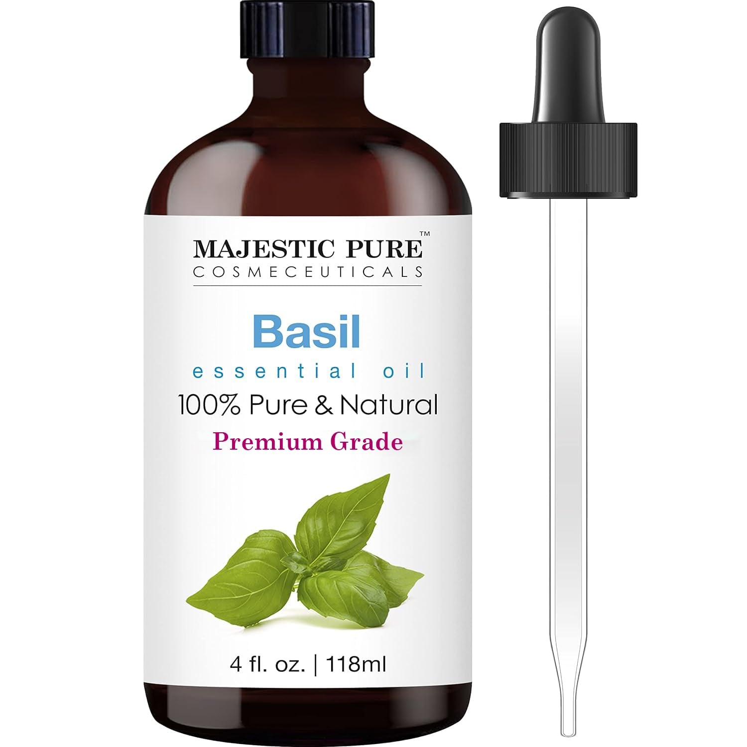 MAJESTIC PURE Basil Essential Oil | 100% Pure & Natural Basil Oil | Premium Essential Oil for Hair Care, Diffusers, Skin, Aromatherapy, Massage & Humidifiers | 4 Fl Oz