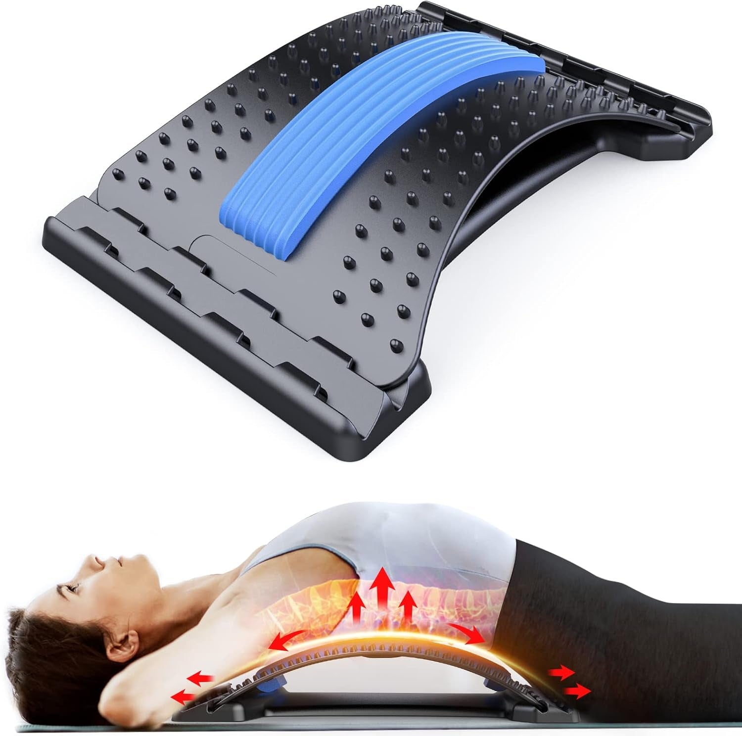 Back Stretcher for Lower Back Pain Relief | 3-Level Adjustable Lumbar Back Cracker Board | Spine Decompression Device, Scoliosis Treatment, Posture Corrector, and Back Massager Dark Blue