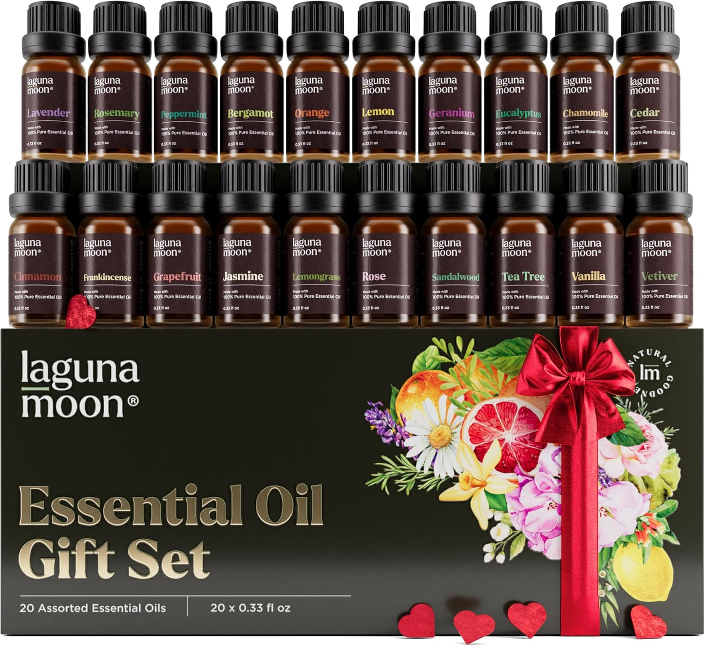 Essential Oils Set - Top 20 Pure Oils Gift Set for Diffusers, Humidifiers, Aromatherapy, Massages, Candle Making, Skin & Hair Care | Peppermint, Tea Tree, Lavender, Eucalyptus, Lemongrass (10mL Bottles)