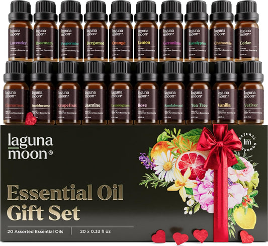 Essential Oils Set - Top 20 Pure Oils Gift Set for Diffusers, Humidifiers, Aromatherapy, Massages, Candle Making, Skin & Hair Care | Peppermint, Tea Tree, Lavender, Eucalyptus, Lemongrass (10mL Bottles)