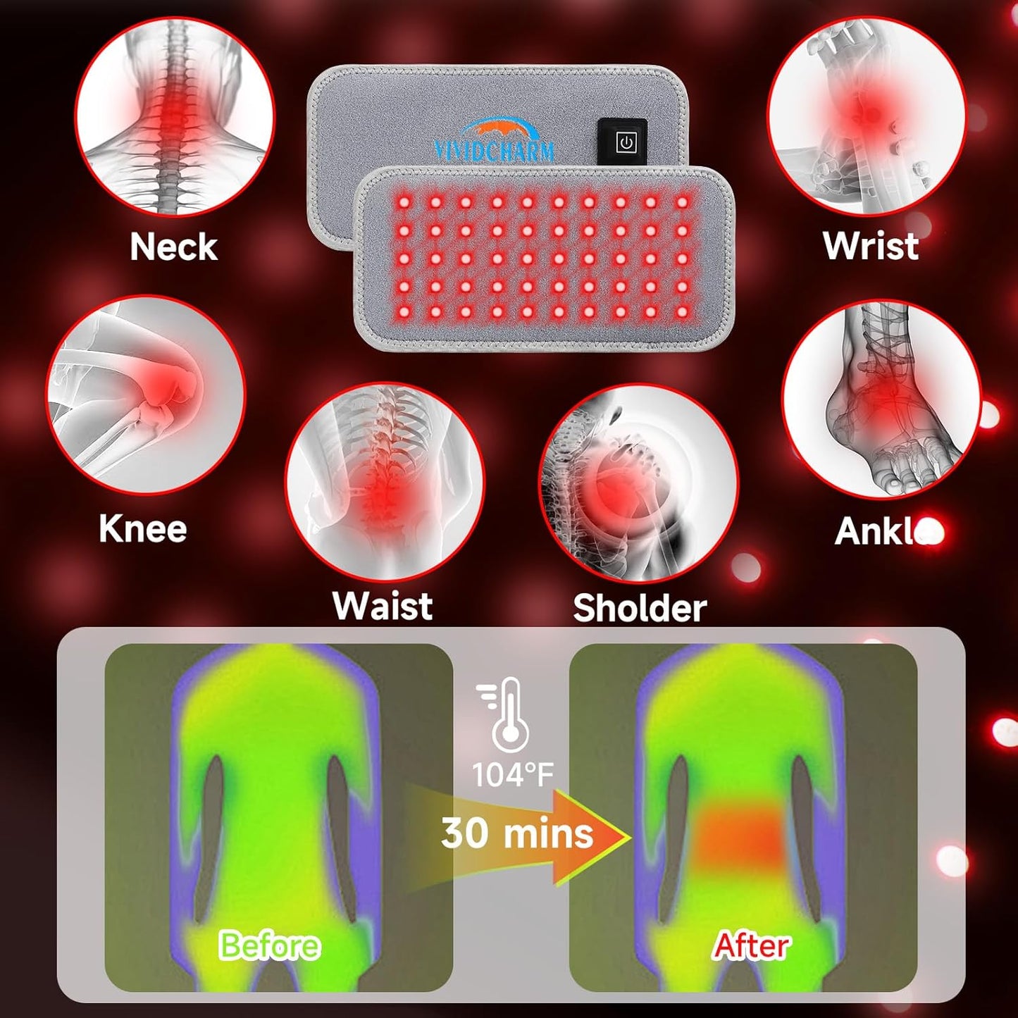 VIVIDCHARM Red Light Therapy Belt – Wearable 660nm & 850nm Infrared Heating Pad for Muscle Pain Relief, Joint Inflammation, Back, Shoulder, and Knee Recovery