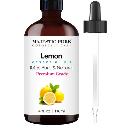 Majestic Pure Lemon Essential Oil with Glass Dropper | 100% Pure and Natural Lemon Oil | Premium Grade Essential Oils for Diffusers, Skin, Aromatherapy, and Massage | 4 Fl Oz